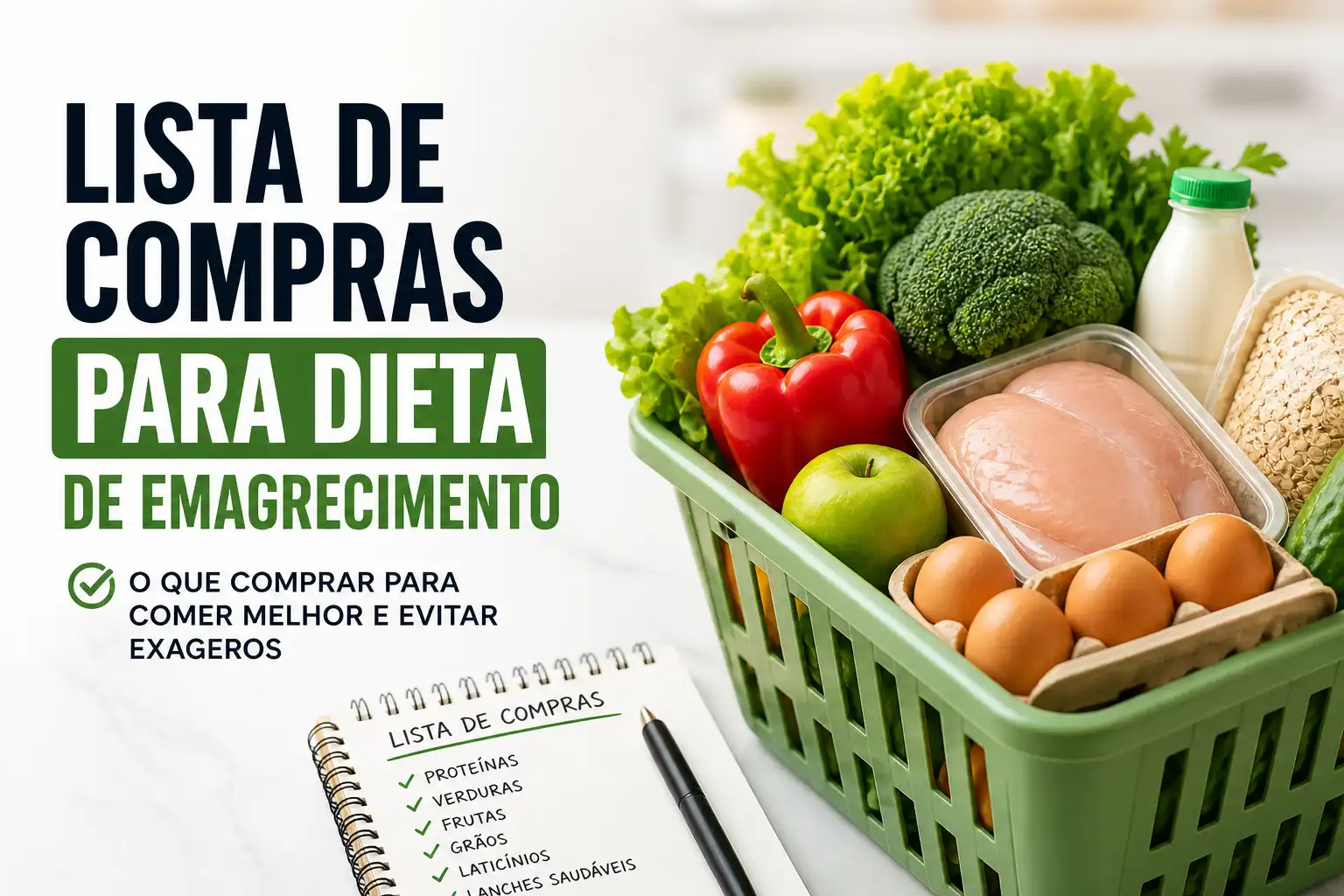 Lista de compras para dieta de emagrecimento com cesta verde cheia de alimentos saudáveis como brócolis, pimentões, ovos, frango e leite, além de texto com dicas do que comprar para evitar exageros.