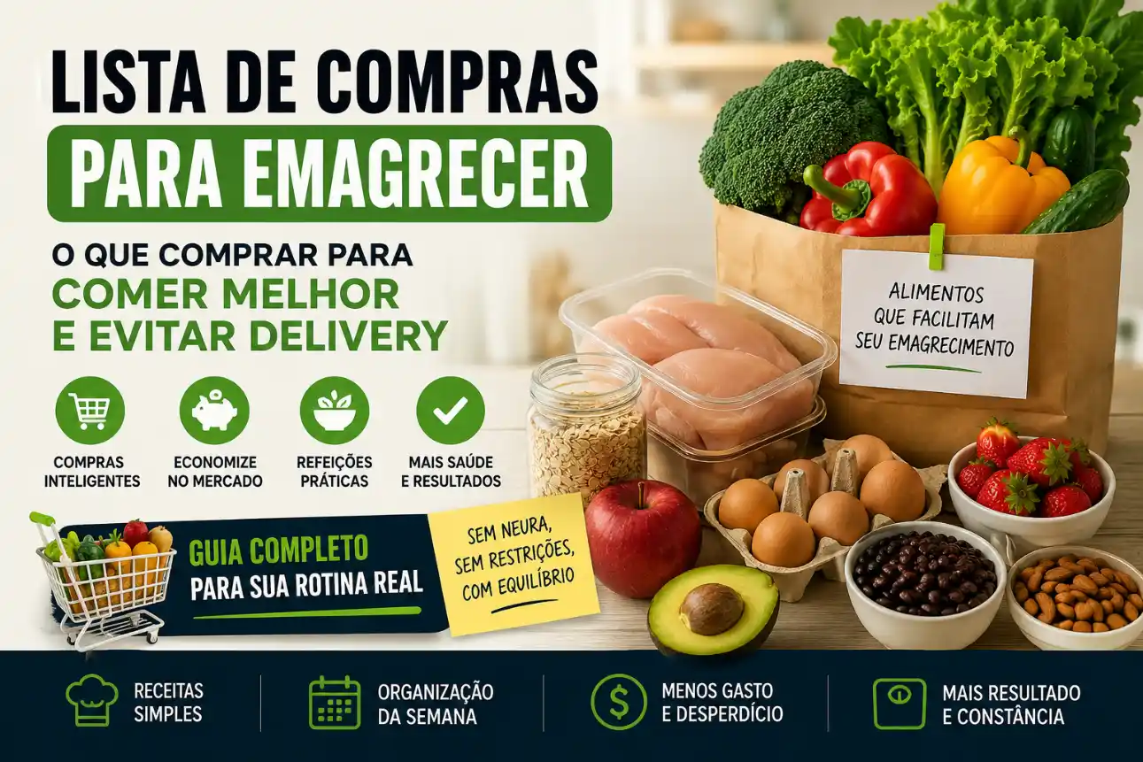 Imagem de guia de lista de compras para emgrecer, com texto “Lista de compras para emagrecer” e alimentos como salada, ovos, frango, abacate, morangos e feijões em sacolas e potes, além de dicas de economia e menos gasto.