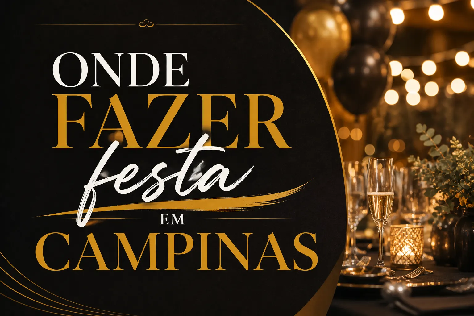 Cartaz de festa “Onde Fazer Festa em Campinas” com decoração elegante em tom dourado e fundo com luzes, taça de espumante e velas acesas.