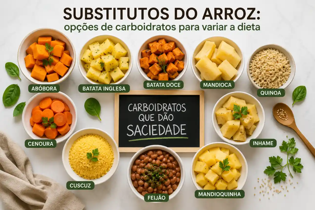 Imagem com banner “Substitutos do arroz: opções de carboidratos para variar a dieta”, mostrando tigelas com abóbora, batata inglesa, batata doce, mandioca, quinaoa, cenoura, inhame, cuscuz, feijão e mandiocquinha ao redor de um quadro escrito “Carboidratos que dão saciedade”.
