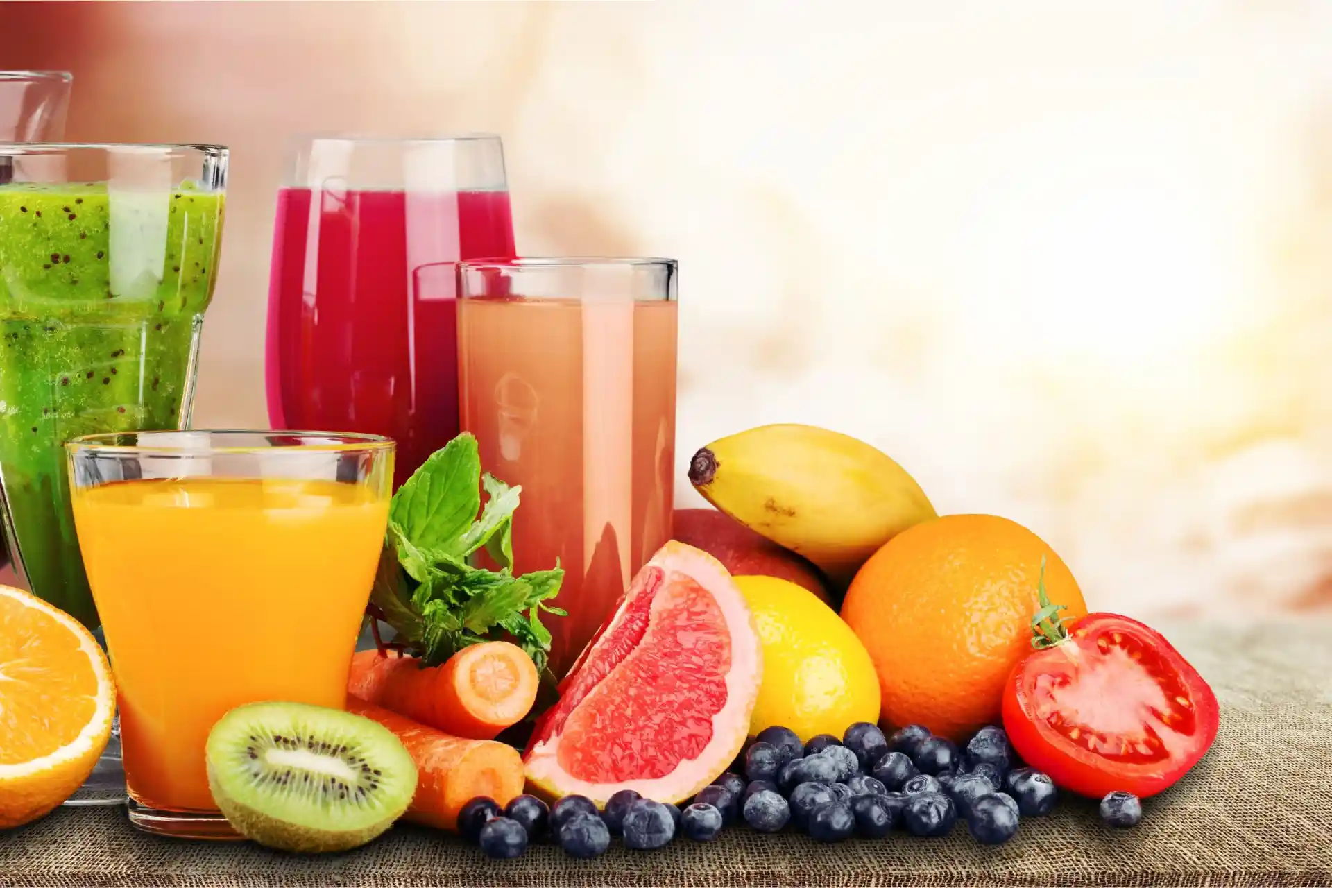 Variedade de sucos naturais feitos de frutas frescas incluindo laranja, kiwi, morango, melancia, banana, e blueberries, perfeitos para uma alimentação saudável.