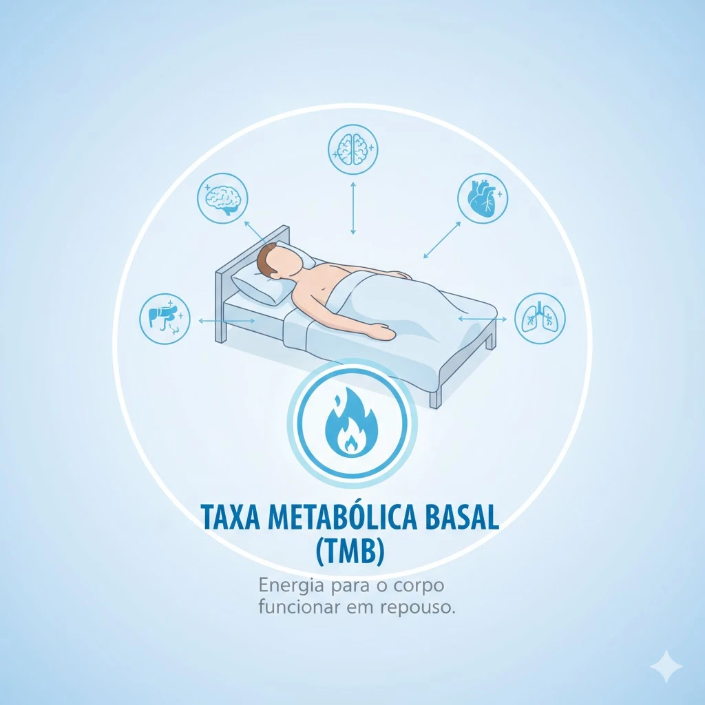 Ilustração explicativa sobre a taxa metabólica basal (TMB) mostrando um homem deitado na cama, com ícones representando o cérebro, coração e pulmões ao redor, destacando a energia necessária para o funcionamento do corpo em repouso.