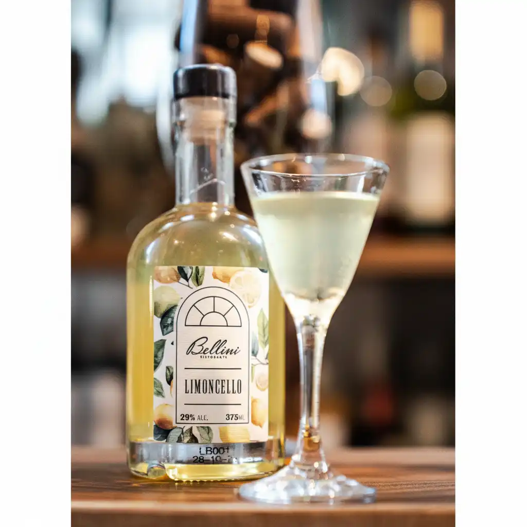Garrafas de licor Limoncello da marca Bellini ao lado de um copo de coquetel com Limoncello, ambiente de bar ou cozinha aconchegante ao fundo.