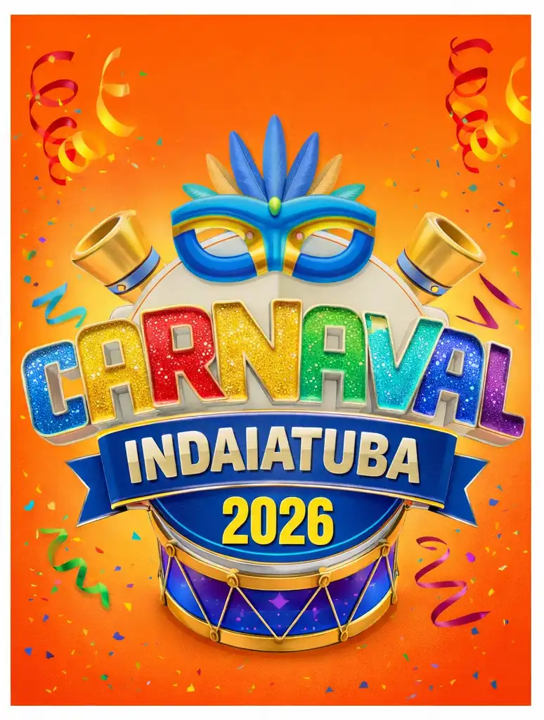 Cartaz do Carnaval de Indaiatuba 2026, com cores vibrantes, fantasias e elementos típicos, promovendo o evento festivo e cultural no Brasil.