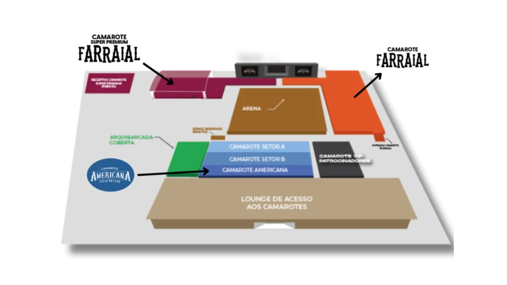 Mapa do local do evento mostrando área de arena, camarotes, lounge de acesso e setores B e A, além de cobertura e camarote patrocinado. Ideal para quem busca informações sobre organização de eventos ou shows.