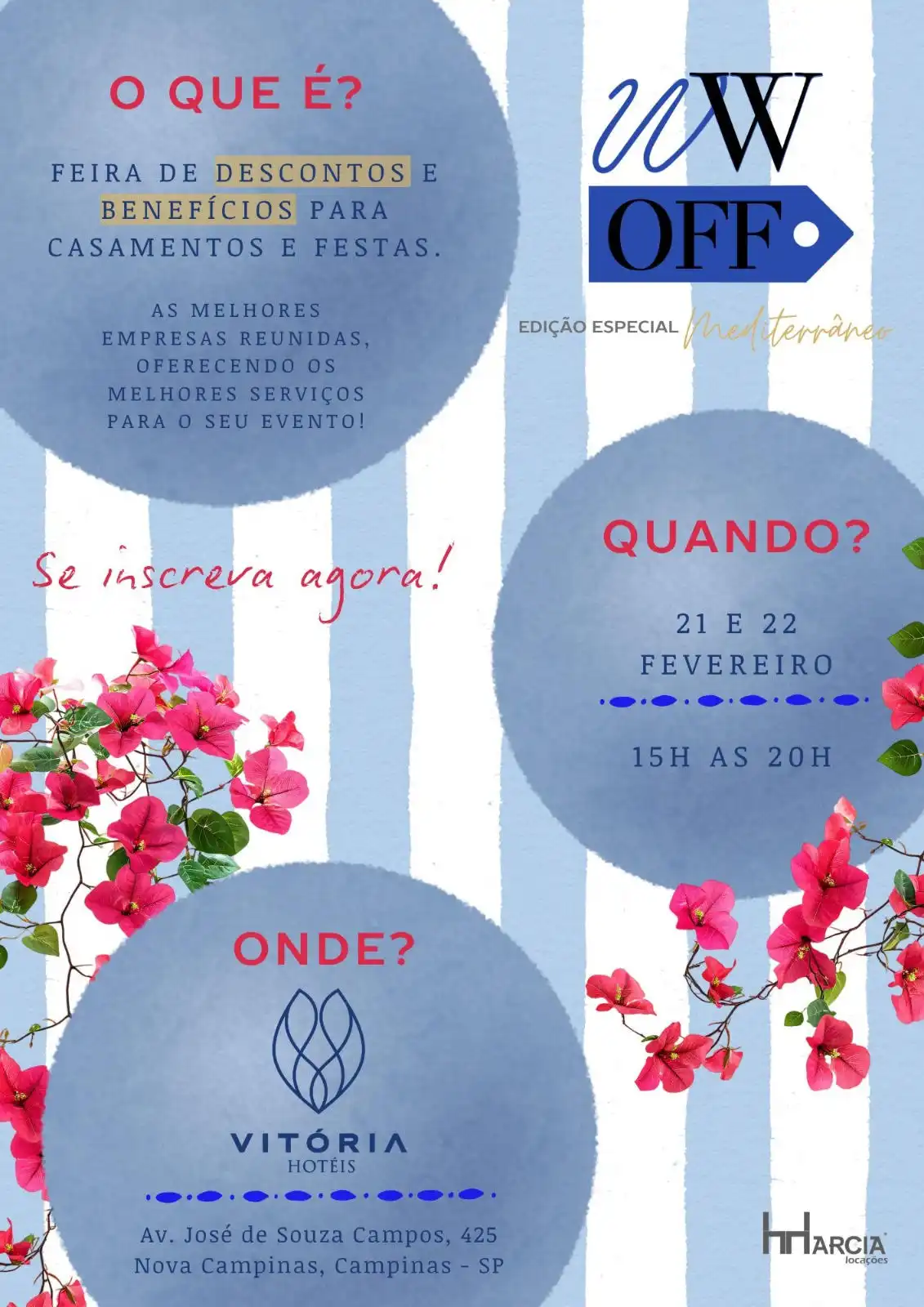 Convite para feira de descontos e benefícios para casamentos e festas, ocorrendo nos dias 21 e 22 de fevereiro das 15h às 20h, no Vitória Hotéis em Nova Campinas, SP.