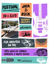 Cartaz promocional do Festival de Japa & Rock com data de 20 a 22 de março, destacando entrada gratuita e mostra de cultura oriental e rock em Campinas, Brasil.
