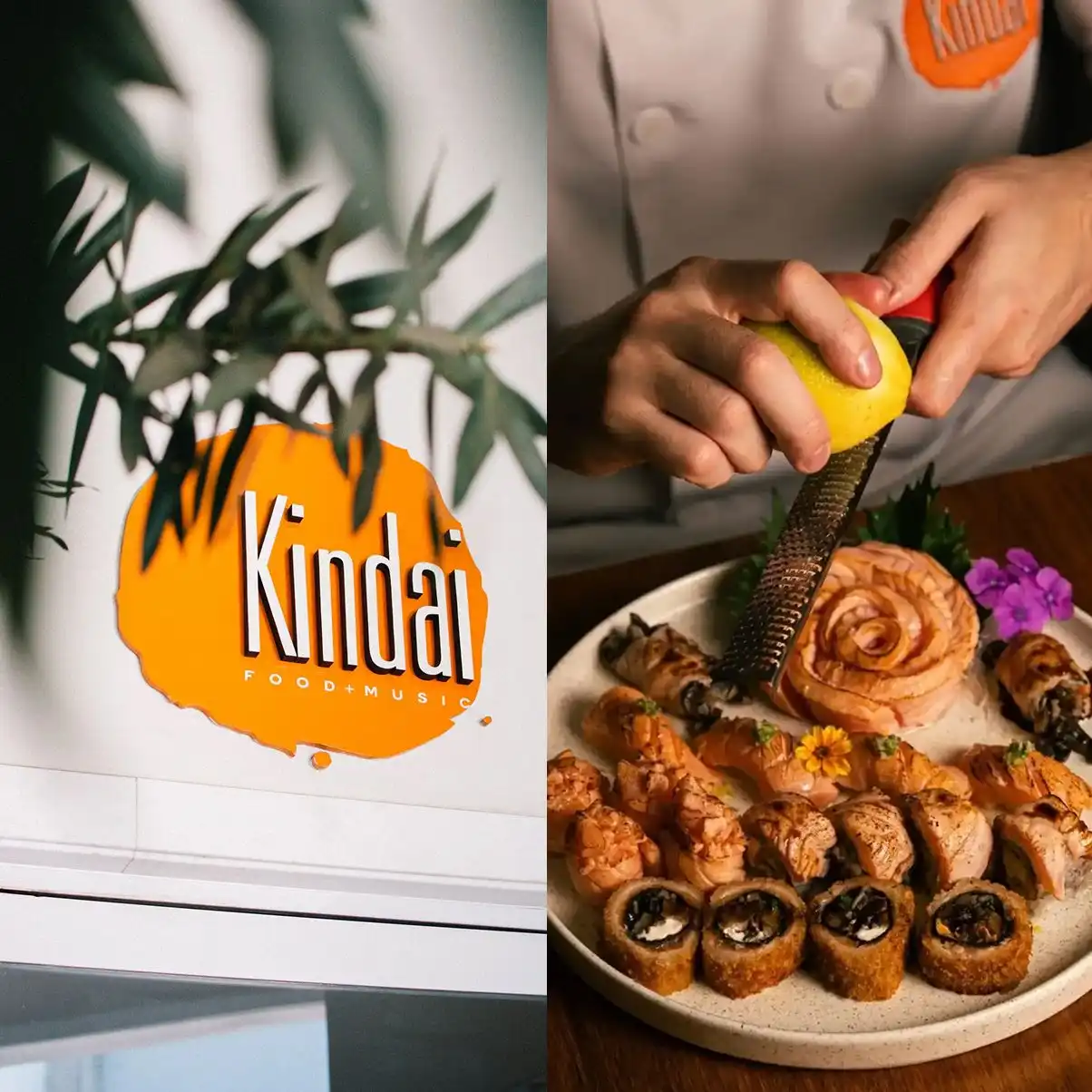 Imagem de pratos de comida deliciosa sendo preparada, incluindo rolinhos recheados e uma carne assada, ao lado de uma placa com o logo do Kindai