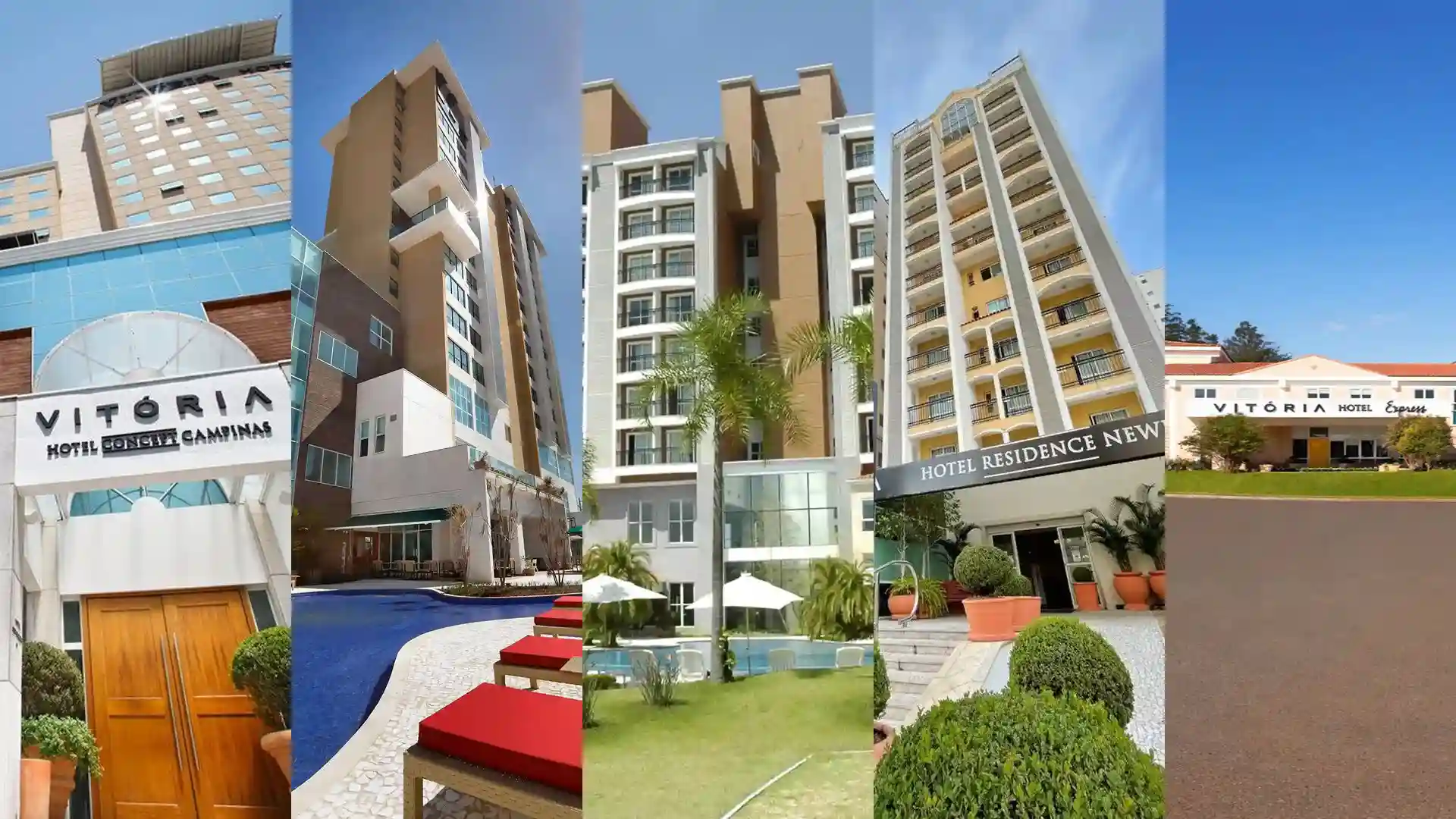 Imagem de um complexo de hotéis e residências modernas na cidade, com arquitetura contemporânea, áreas verdes e piscina ao ar livre.