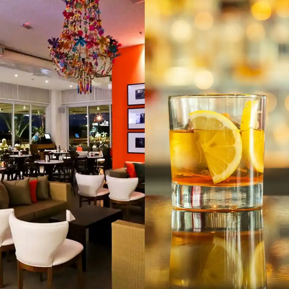 Imagem dividida mostrando um lounge de restaurante com iluminação acolhedora, decoração moderna, chandelier colorido e uma bebida refrescante com limão e gelo, ideal para momentos de relaxamento