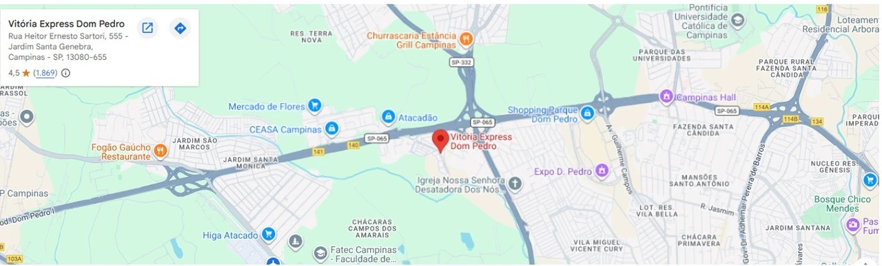 Mapa da localização da Vitória Express Dom Pedro na Rodovia Roberto de Souza Sarti, Campinas, destacando pontos de referência próximos como o Iguatemi Shopping e a Universidade Estadual de Campinas.