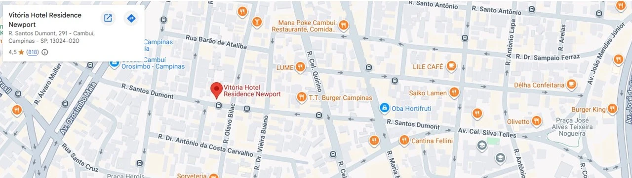 Mapa do Google destacando a localização do Vitória Hotel Residence Newport em Cambui, Campinas, com pontos de referência próximos como Burger King e Lume Café.