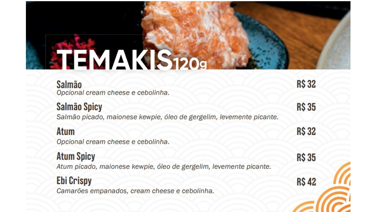 Menu de petiscos com opções de salmão, atum, ebi crispy e seus valores, preparado para enriquecer sua experiência gastronômica.