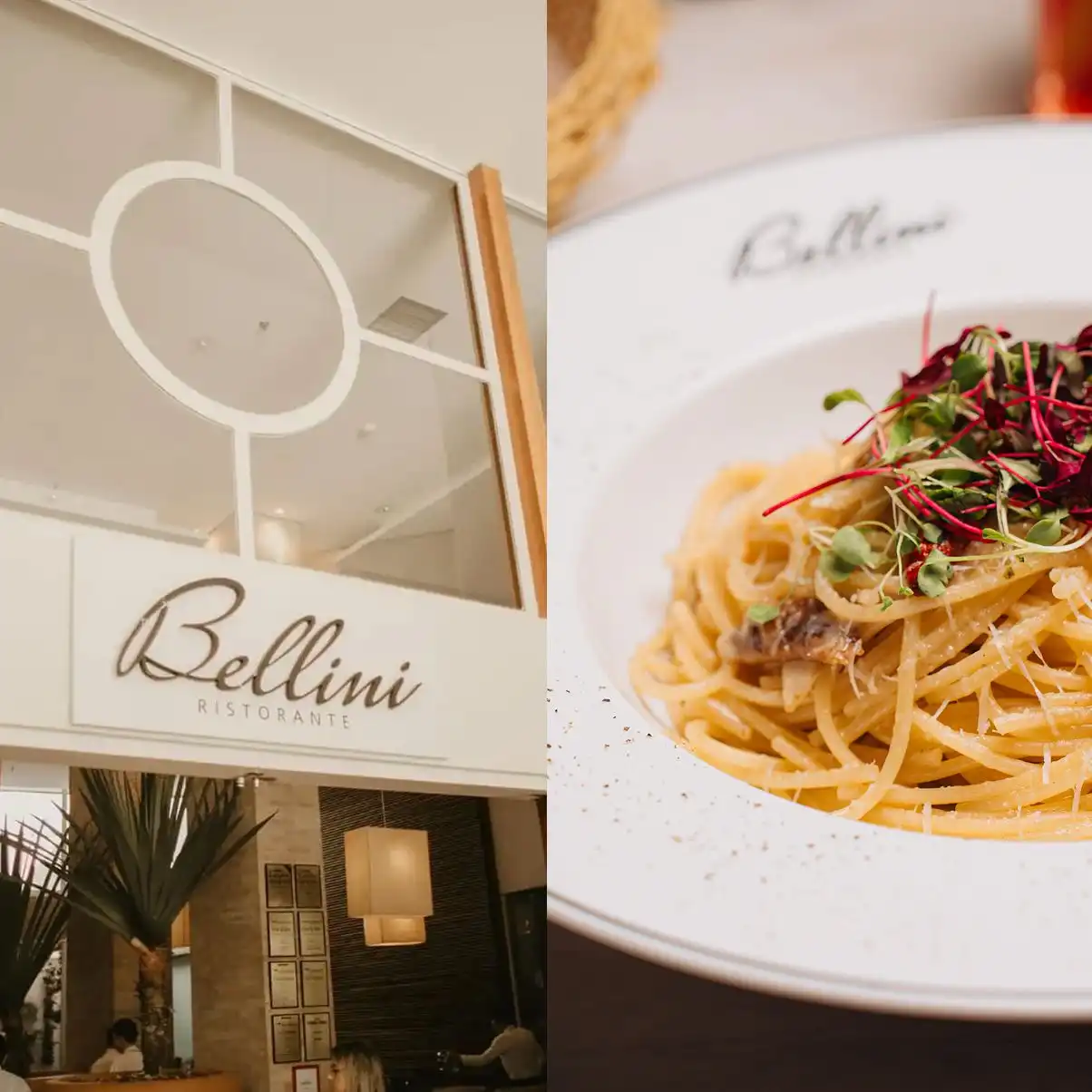 Imagem do exterior do restaurante Bellini Ristorante com uma placa branca e fachada moderna, ao lado de um prato de espaguete à carbonara decorado com brotos, servido em um prato branco.