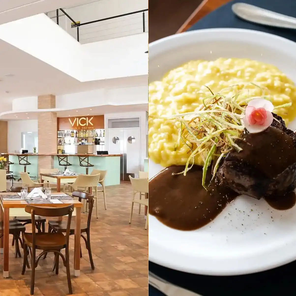 Imagem de um restaurante moderno com ambiente agradável na parte de dentro, ao lado de uma porção de comida com carne assada com molho, purê de batatas e decoração.