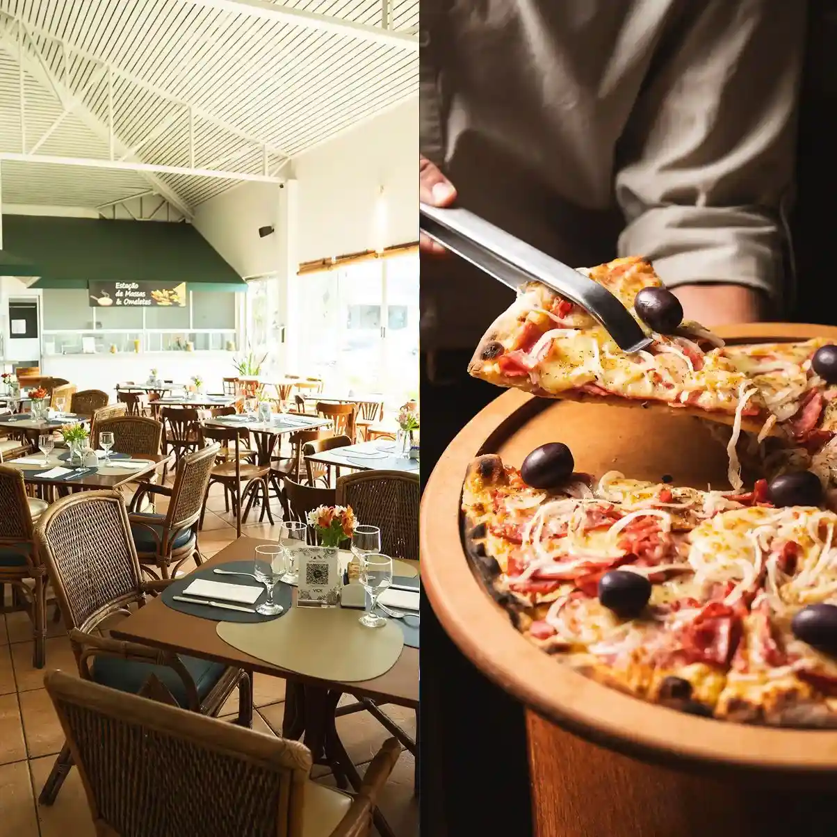 Imagem de restaurante aconchegante com várias mesas bem decoradas e uma pizza deliciosa sendo servida, ideal para quem busca experiências gastronômicas.