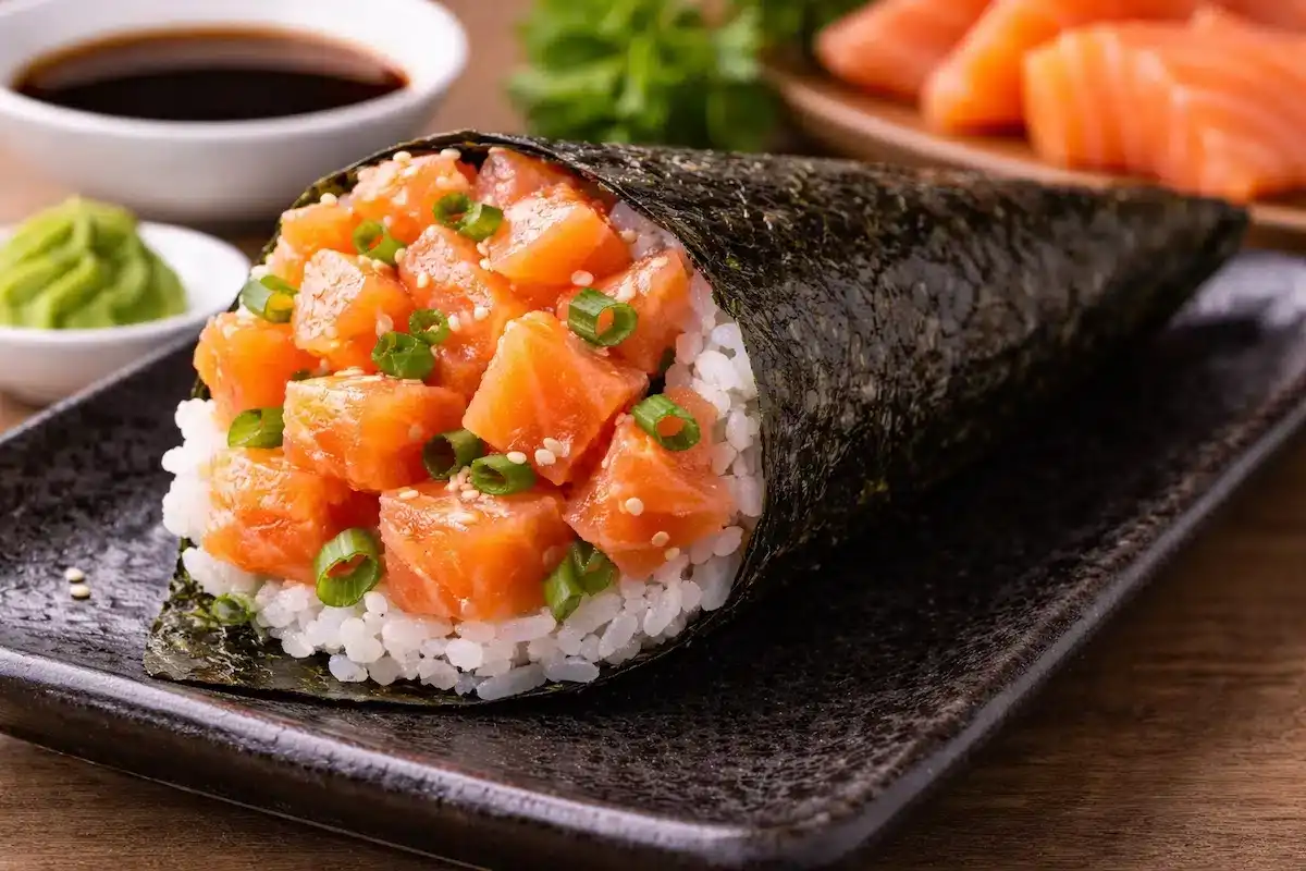 Imagem de um delicioso temaki de sushi com salmão fresco, arroz, cebolinha e alga nori, acompanhado de molhos e wasabi, ideal para amantes de comida japonesa.
