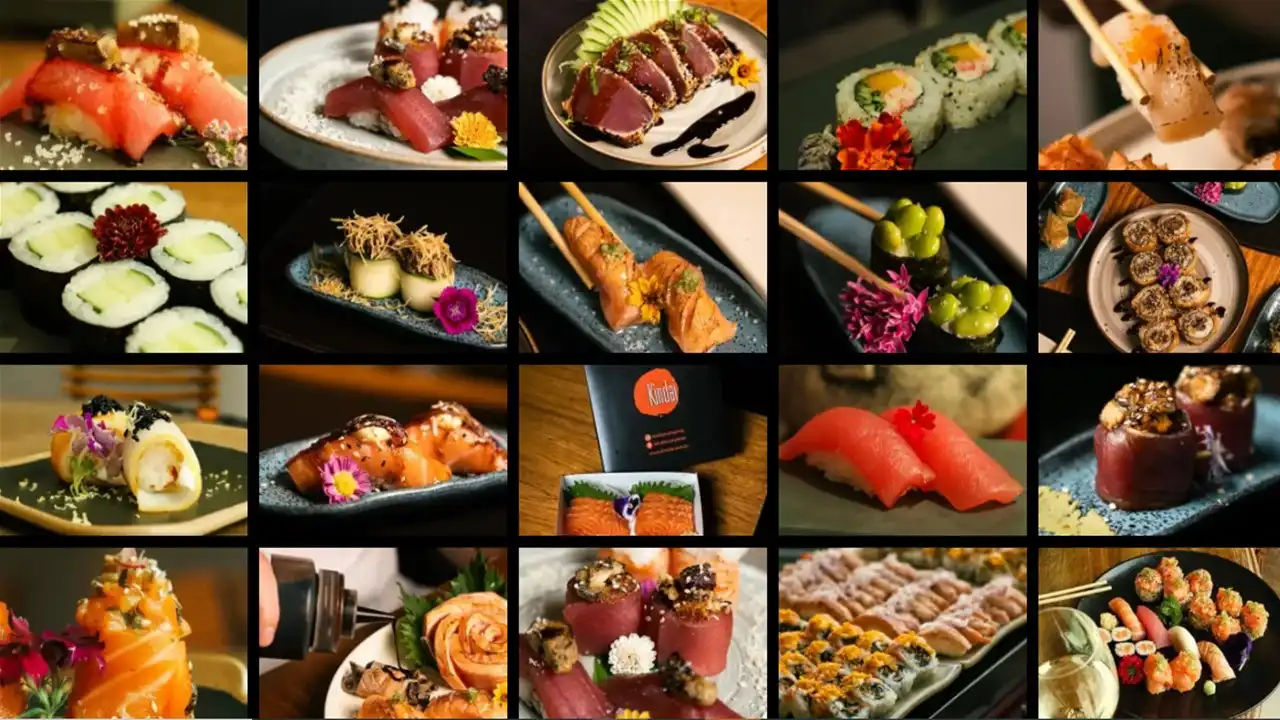 Imagem de uma variedade de pratos de comida japonesa, incluindo sushi, sashimi, rodízio de peixes, pratos quentes e sobremesas, em um restaurante japonês.