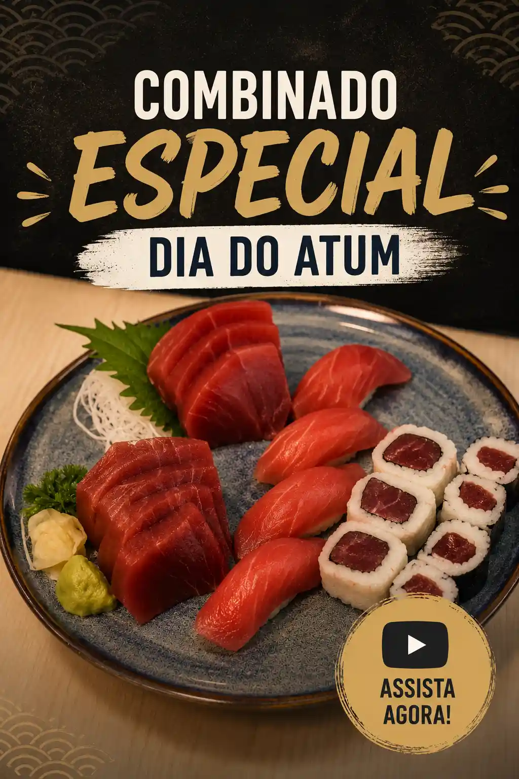Seleção de sashimi e sushi de alta qualidade em um prato com fatias de atum, salmão e rolinhos de peixe com wasabi e gengibre, ideal para o Dia do Atum.