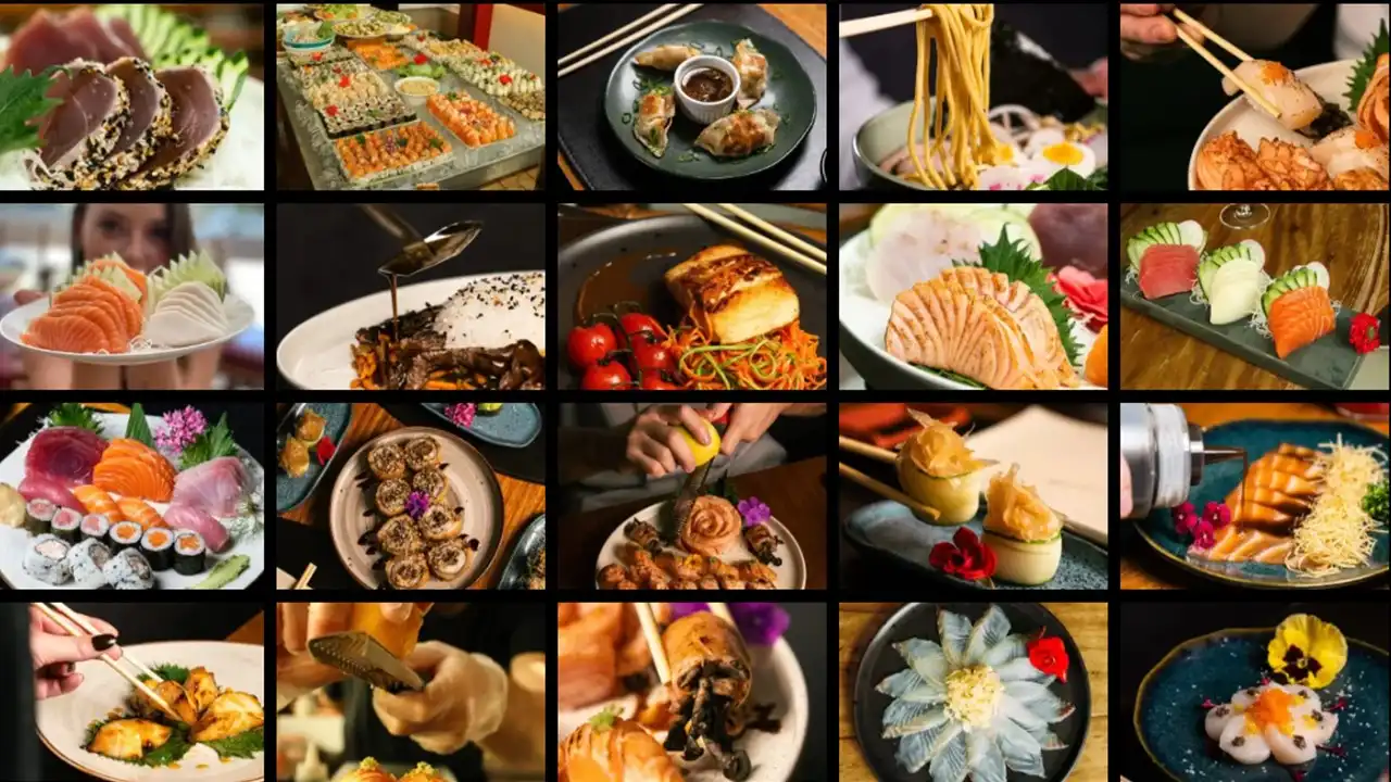 Diversas opções de sushi e sashimi em apresentação sofisticada, com ingredientes frescos e cores vibrantes, ideais para apreciadores da gastronomia japonesa.