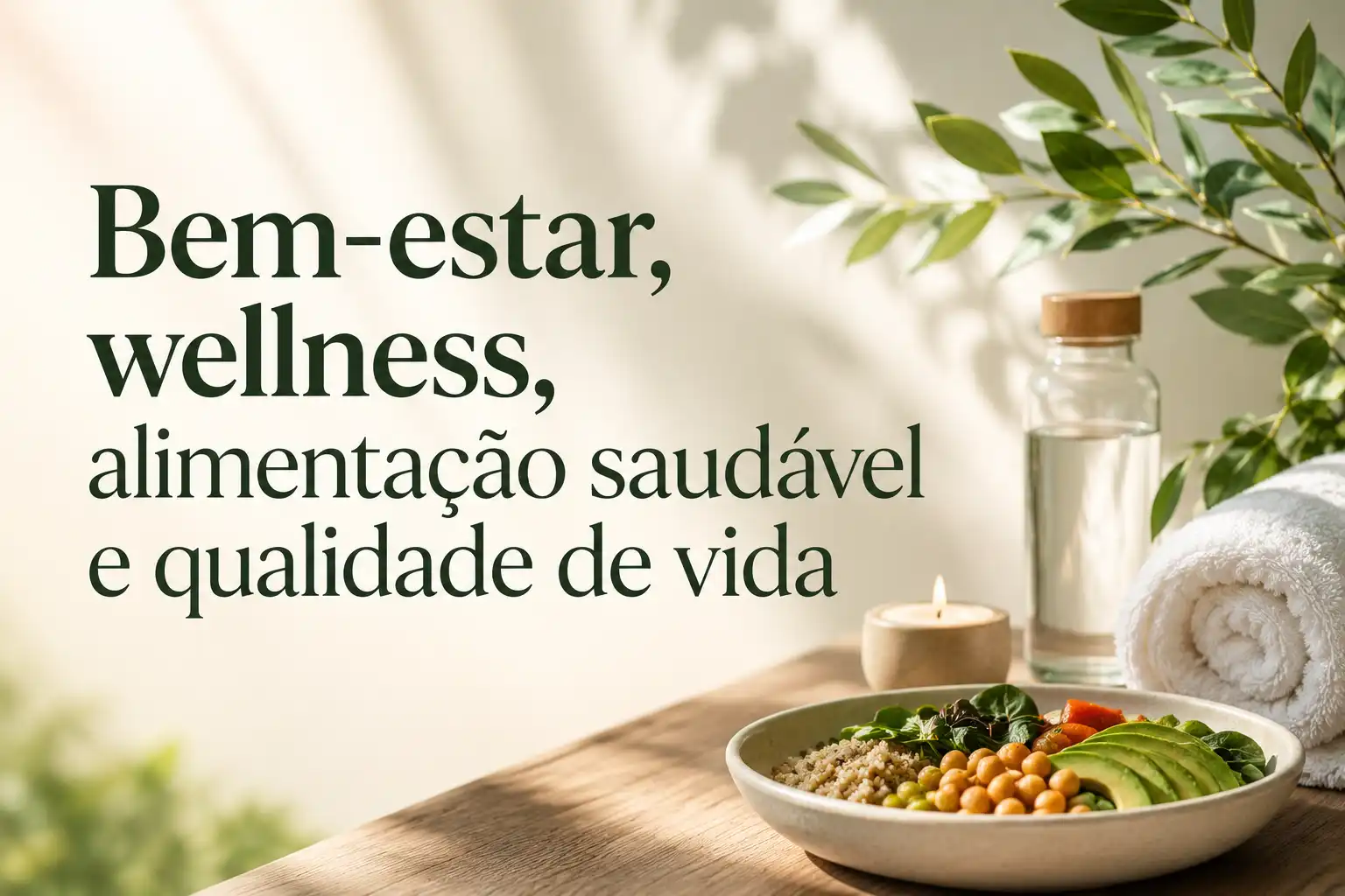 Imagem de um ambiente de bem-estar com uma tigela de alimentos saudáveis, uma toalha branca e um copo de água, promovendo saúde e qualidade de vida.