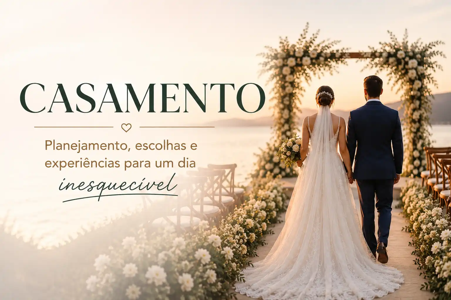 Casamento ao pôr do sol com casal de noivos caminhando de mãos dadas sob arco floral na praia.