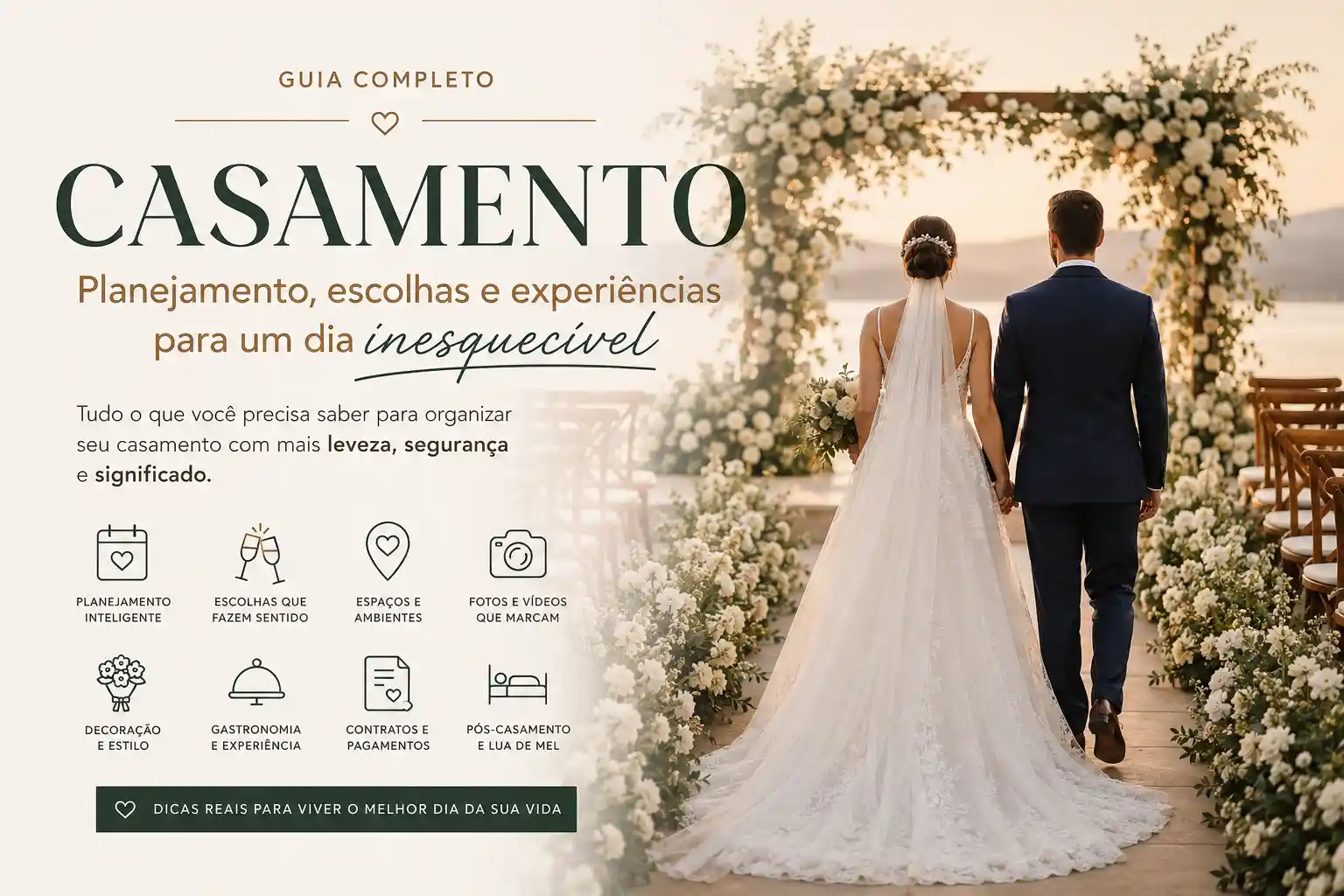 Casamento ao pôr do sol com um casal caminhando de costas em uma cerimônia ao ar livre decorada com flores brancas. Indicação de dicas para planejamento de casamento perfeito.