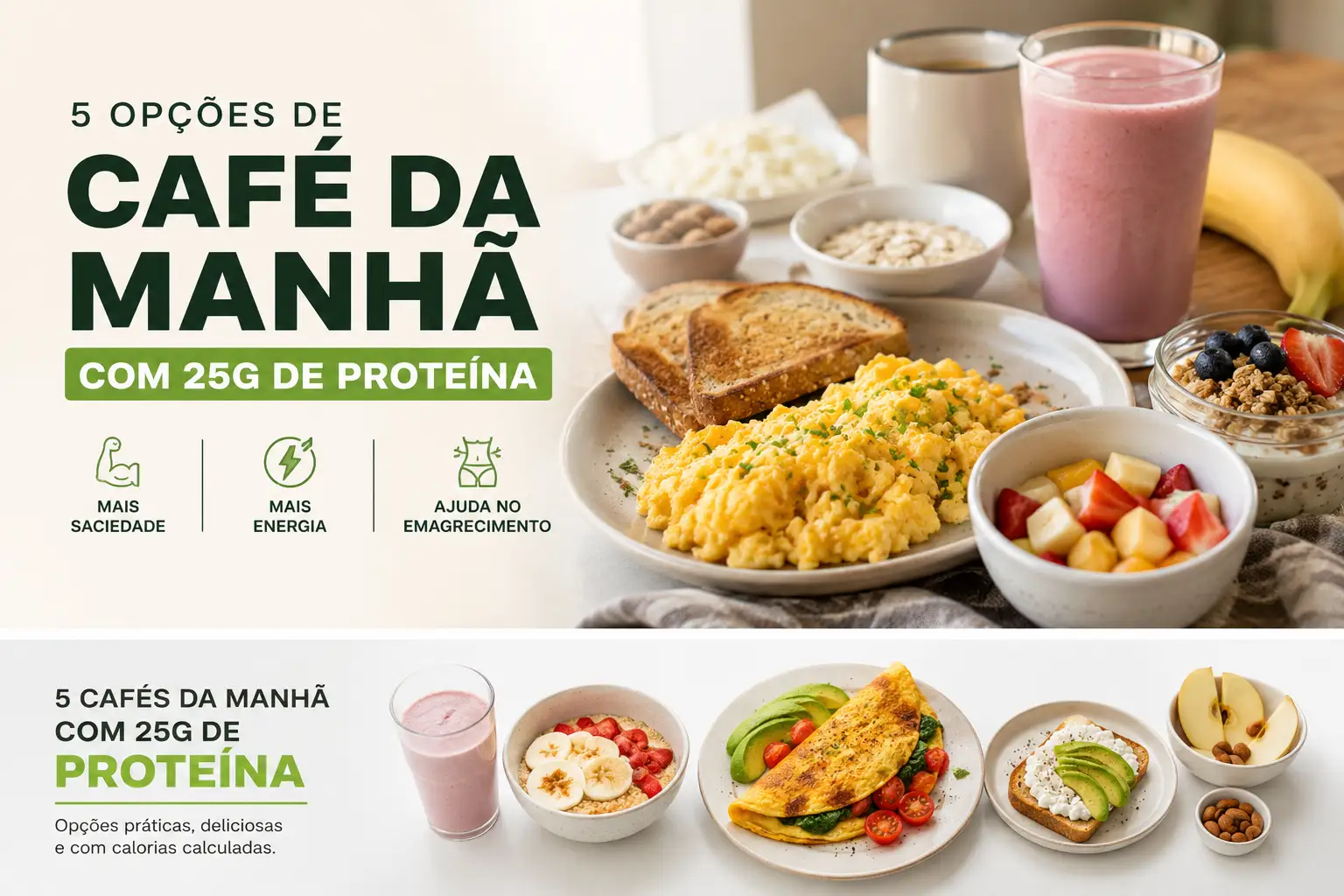 Imagem de banner sobre “5 opções de café da manhã com 25g de proteína”, mostrando uma mesa com ovos mexidos, torradas, frutas e smoothies em copos, além de ícones de benefícios como mais saciedade e mais energia.