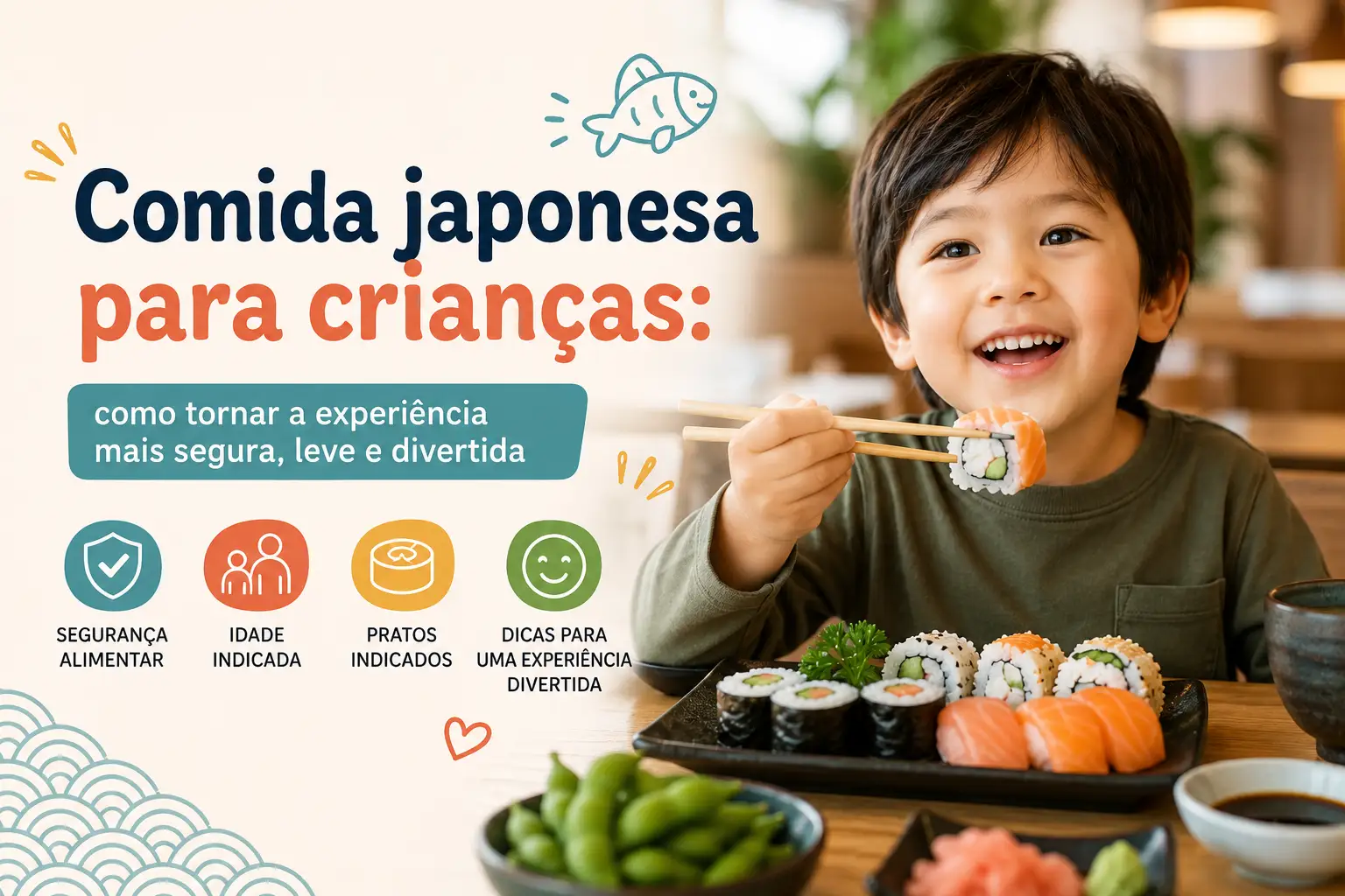 Imagem promocional com texto “Comida japonesa para crianças” e um menino sorridente comendo sushi com hashi em uma mesa, destacando dicas de segurança, idade e diversão no aprendizado infantil.