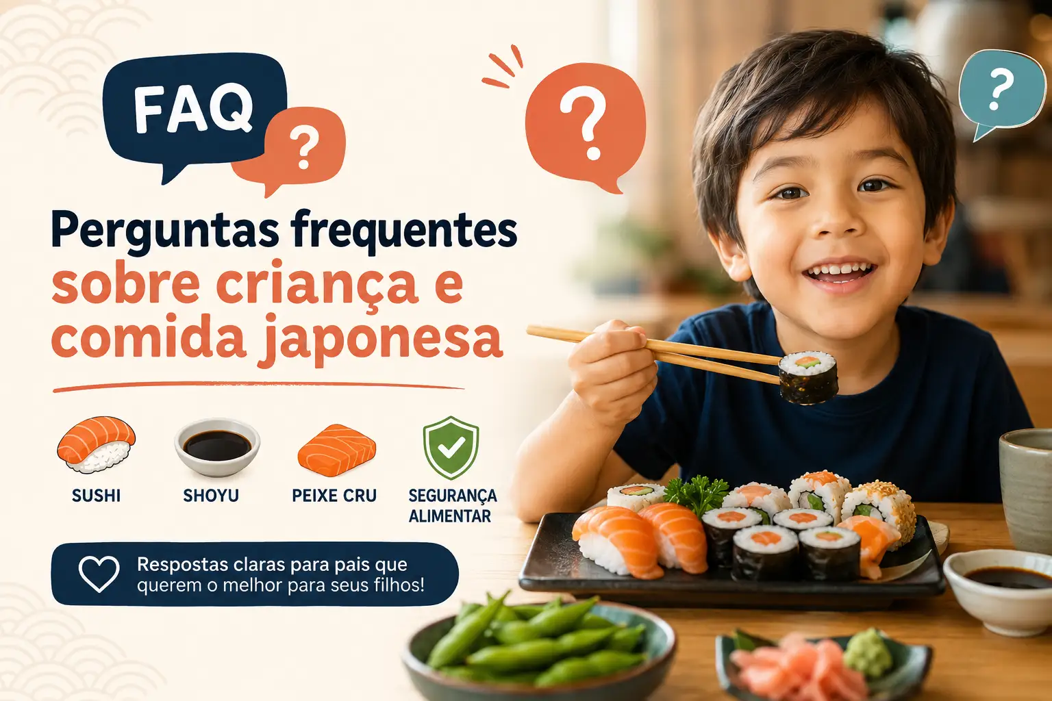 Banner de FAQ com texto “Perguntas frequentes sobre criança e comida japonesa”, ícones de sushi, shoyu e peixe cru, e criança sorrindo segurando hashi com sushis na mesa.