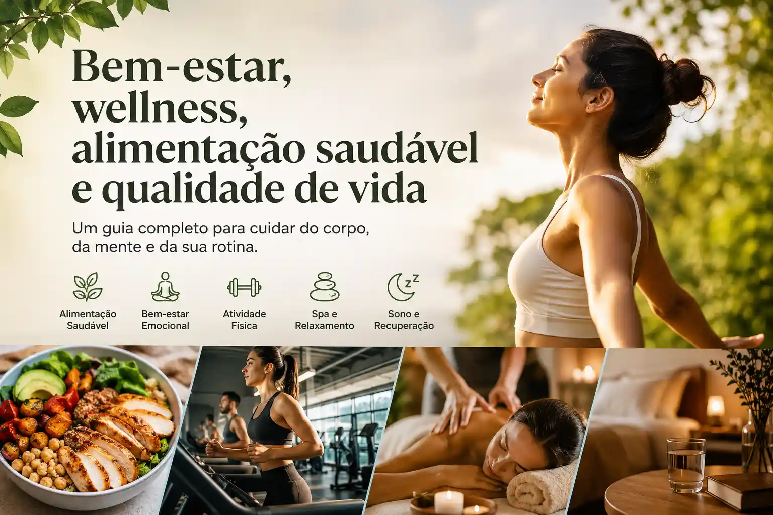 Guia completa de bem-estar, saúde, alimentação saudável e qualidade de vida com dicas para o corpo, mente e rotina, incluindo alimentação, exercícios, spa e sono.
