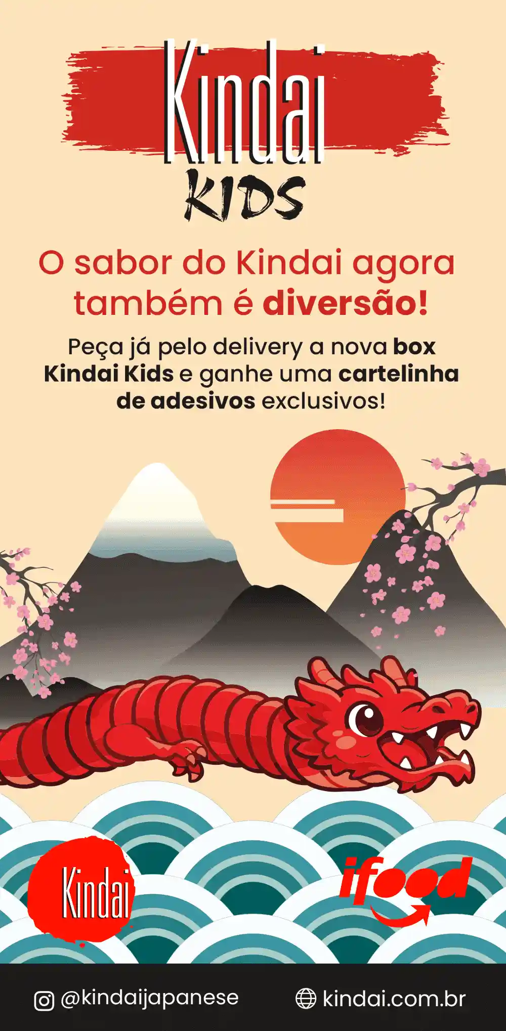 Promoção do Kindai Kids com uma embalagem colorida e ilustrações de montanhas, sol e um dragão vermelho, destacando a diversão e adesivos exclusivos.