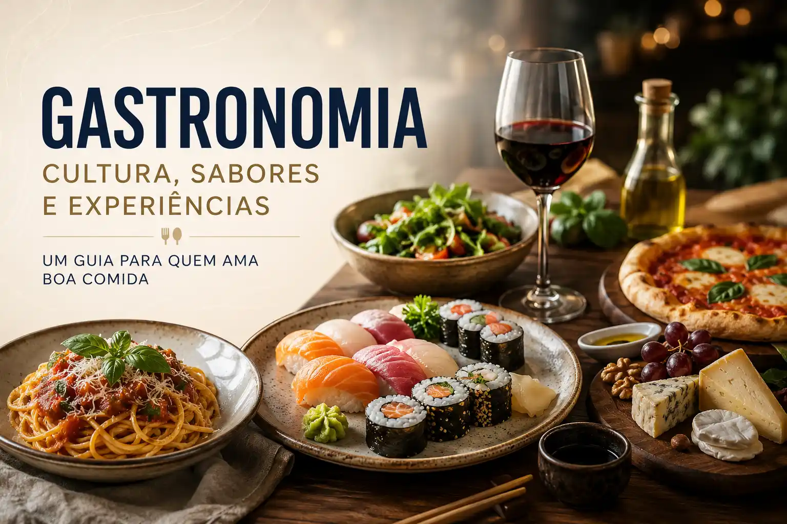 Banner de gastronomia com texto “Gastronomia: Cultura, Sabores e Experiências” e um cenário de mesa com pratos de massas, sushi, queijo, vinho e uvas, com vegetais ao fundo.