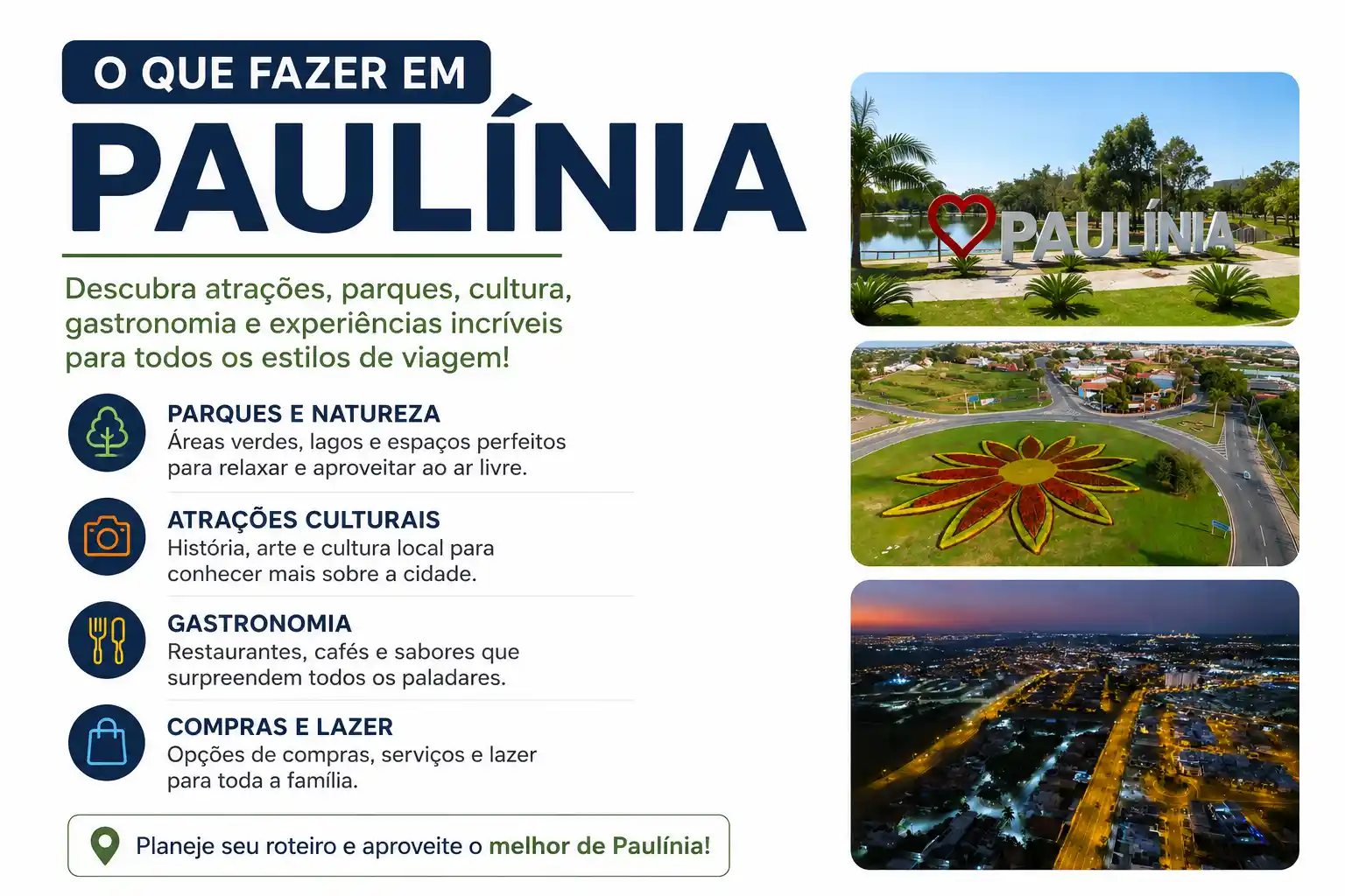 Banner com a frase “O que fazer em Paulínia” e sugestões de turismo em categorias como parques e natureza, atrações culturais, gastronomia e compras e lazer. À direita, imagens de paisagens e cidade com a marca “Paulínia”.