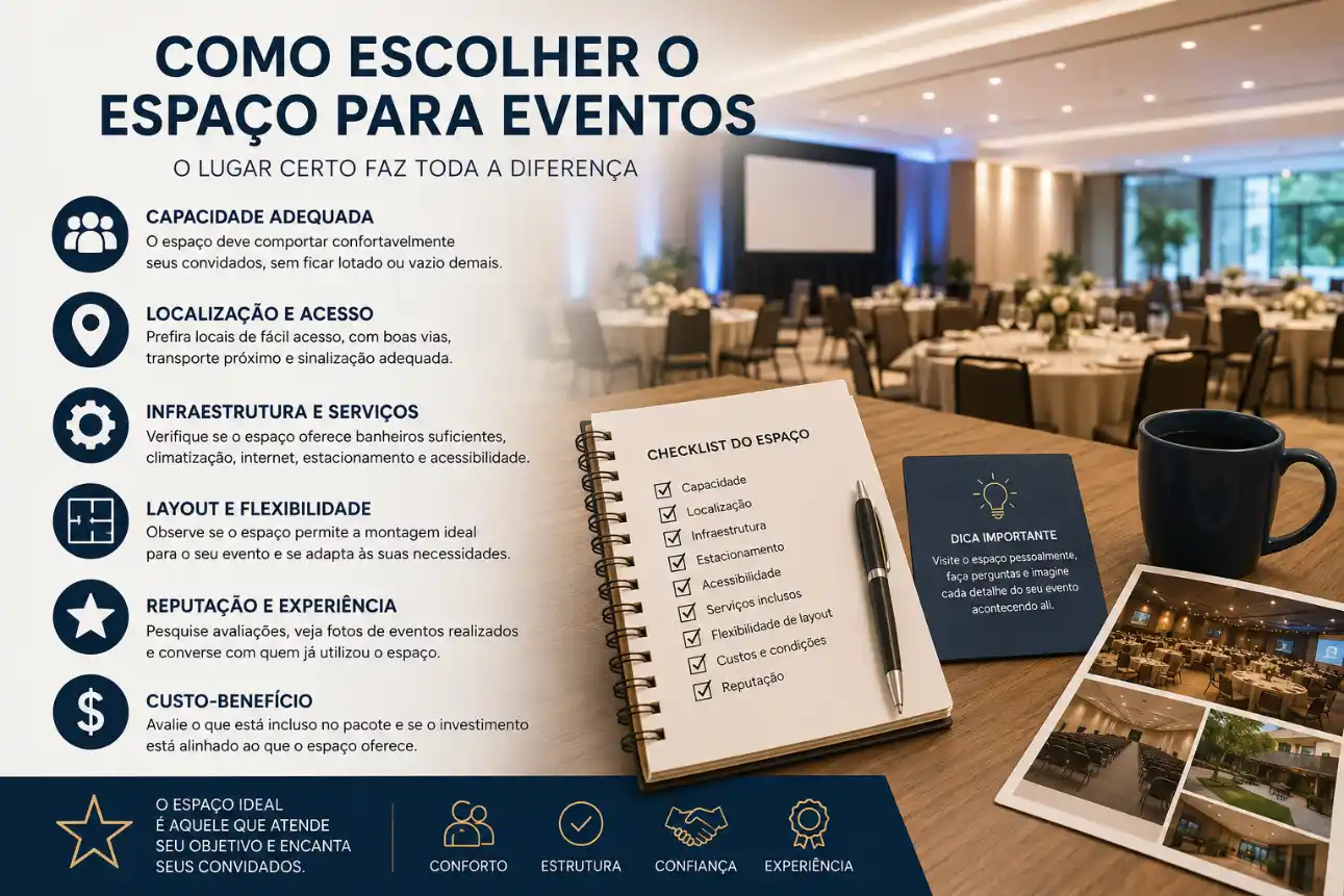Sala de eventos com mesa decorada, cadeiras e materiais de planejamento ao lado de um checklist aberto com o texto “Como escolher o espaço para eventos”, incluindo orientações sobre capacidade, localização e infraestrutura.