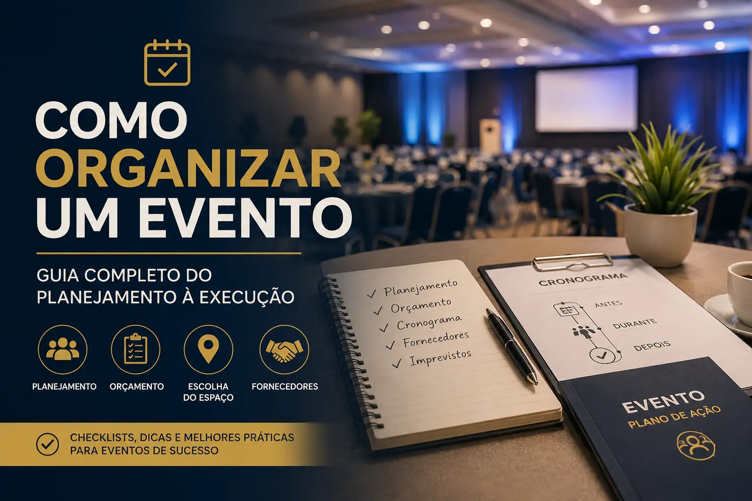Capa de guia sobre como organizar um evento: mesa com caderno de planejamento, checklist e cronograma, além de apostila “Evento plano de ação”, em sala de reuniões com cadeiras ao fundo.