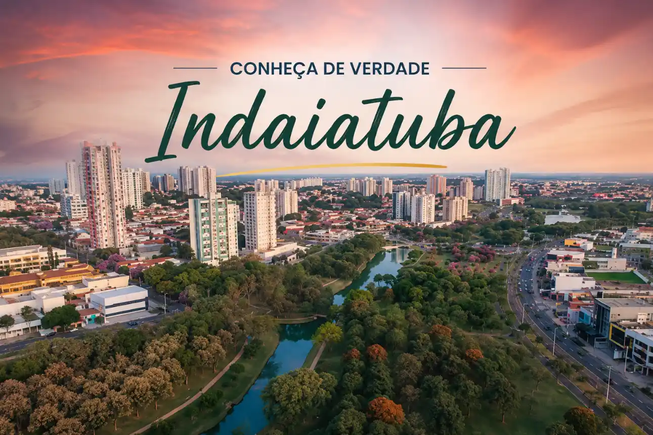 Cartão promocional com o título “Conheça de Verdade Indaiatuba” sobre uma vista aérea da cidade, com prédios, ruas e um rio ao entardecer.