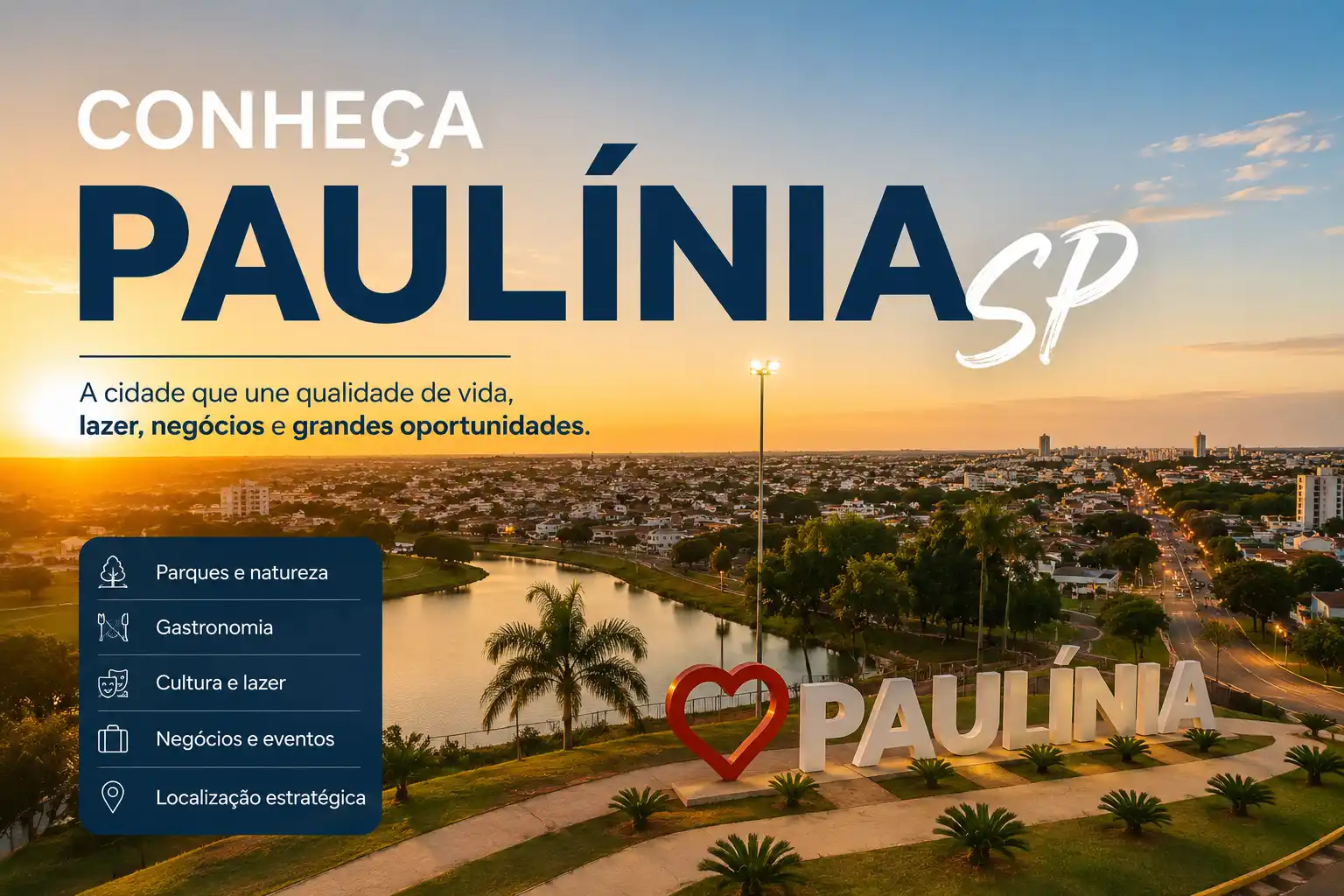 Banner de apresentação de Paulínia SP, com pôr do sol sobre a cidade, rio, áreas verdes e iluminação urbana. Texto “Conheça Paulínia SP” e ícones de parques, gastronomia, cultura, negócios e localização estratégica.