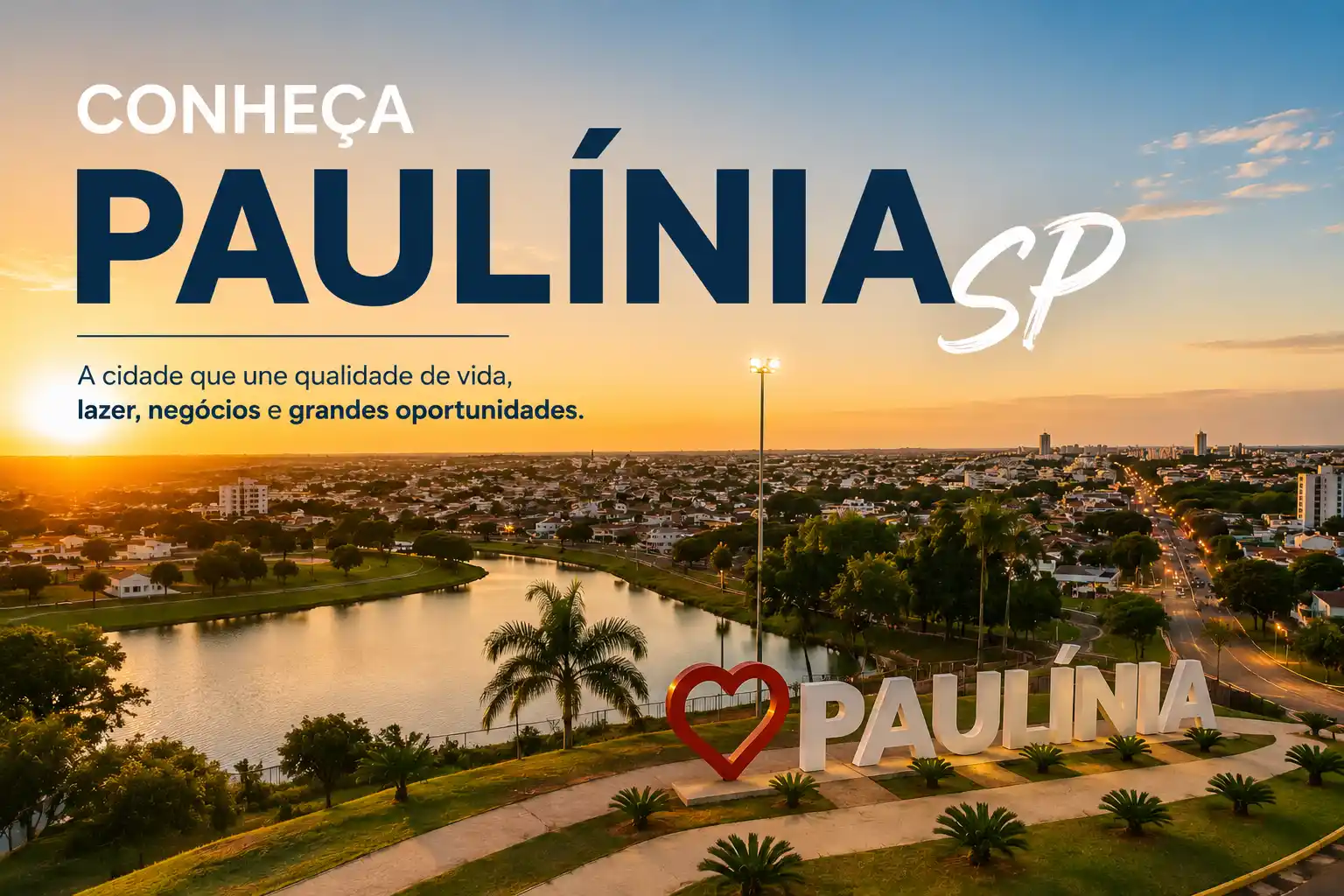 Vista aérea do pôr do sol em Paulínia (SP), com rio ao centro, paisagem urbana e texto “Conheça Paulínia SP” com logotipo em formato de coração “PAULÍNIA”.