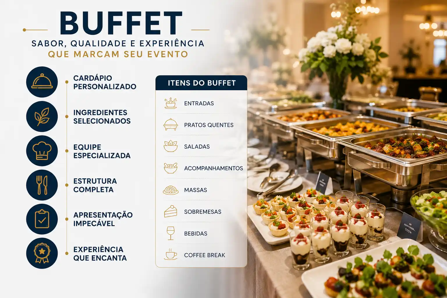 Imagem de divulgação de buffet com mesa de comida em eventos e cardápio personalizado. Destaques para entradas, pratos quentes, saladas, sobremesas e bebidas.