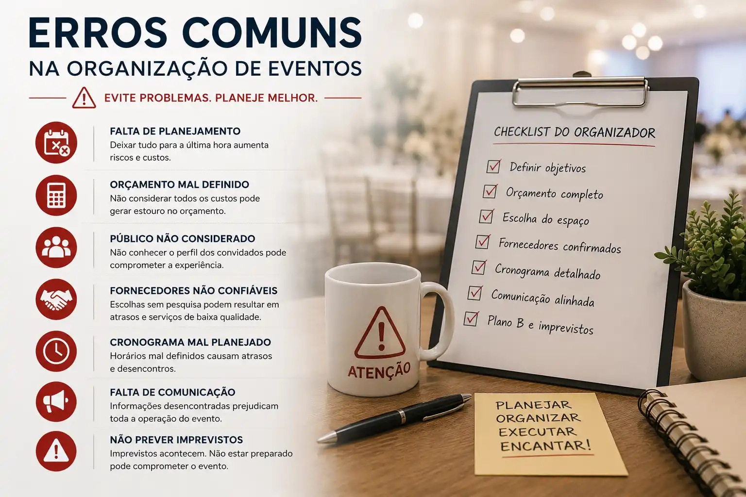 Infográfico sobre erros comuns na organização de eventos, com checklist do organizador, caneca e clipboard, incluindo dicas como evitar falta de planejamento, orçamento definido e comunicação eficiente.