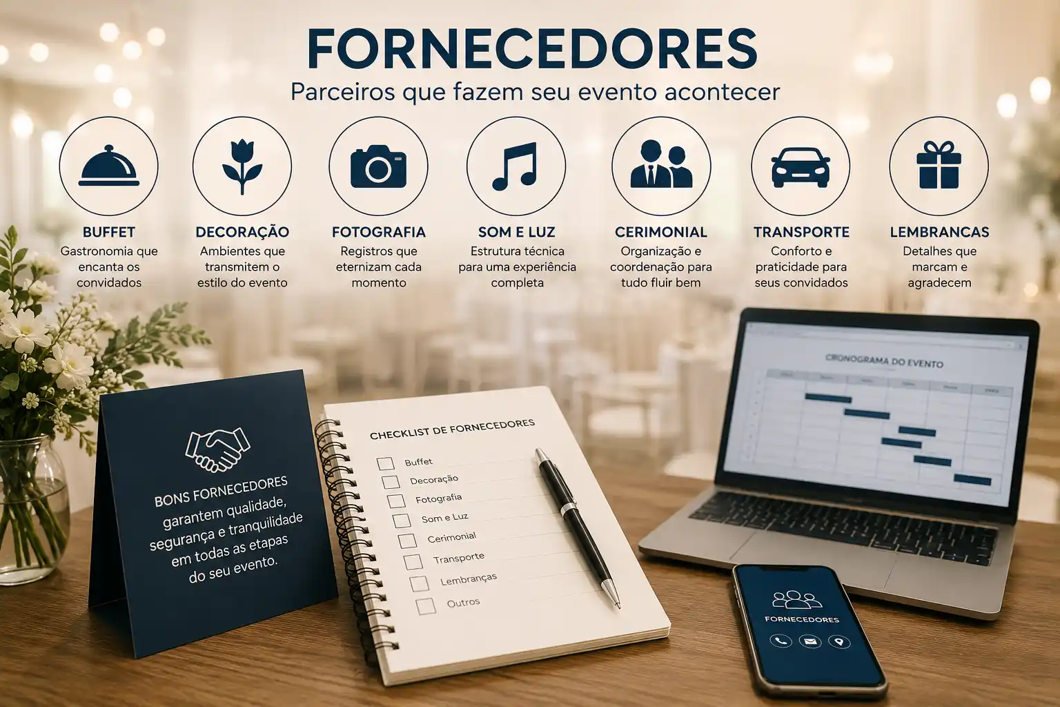Imagem de um painel “FORNECEDORES” com lista de categorias para eventos, como buffet, decoração, fotografia, som e luz, cerimonial, transporte e lembranças, além de checklist e cronograma em um notebook e celular sobre uma mesa.