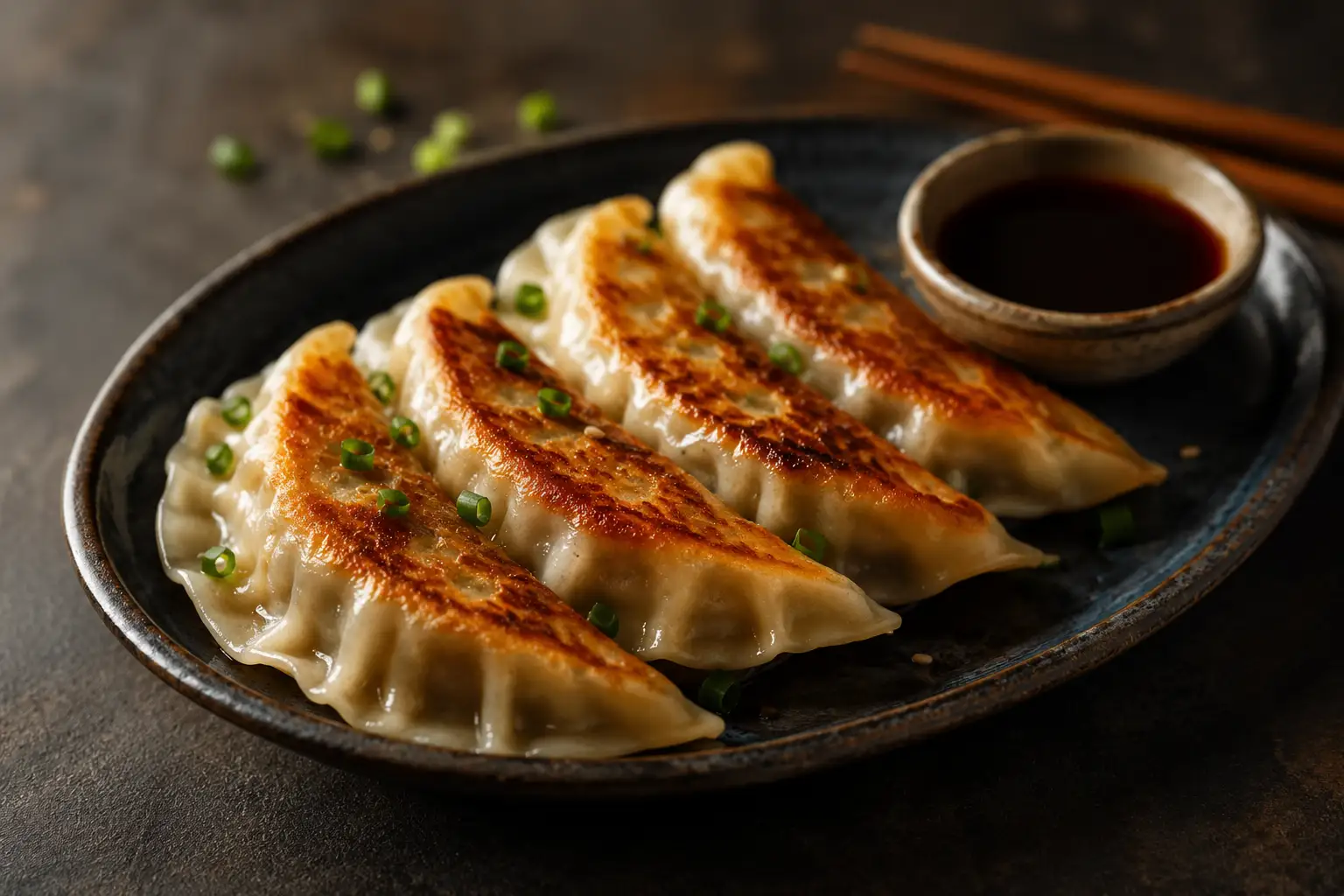 Gyozas ou panquecas japonesas grelhadas em prato escuro, douradas e crocantes, com cebolinha picada por cima e um bowl de molho shoyu ao lado.