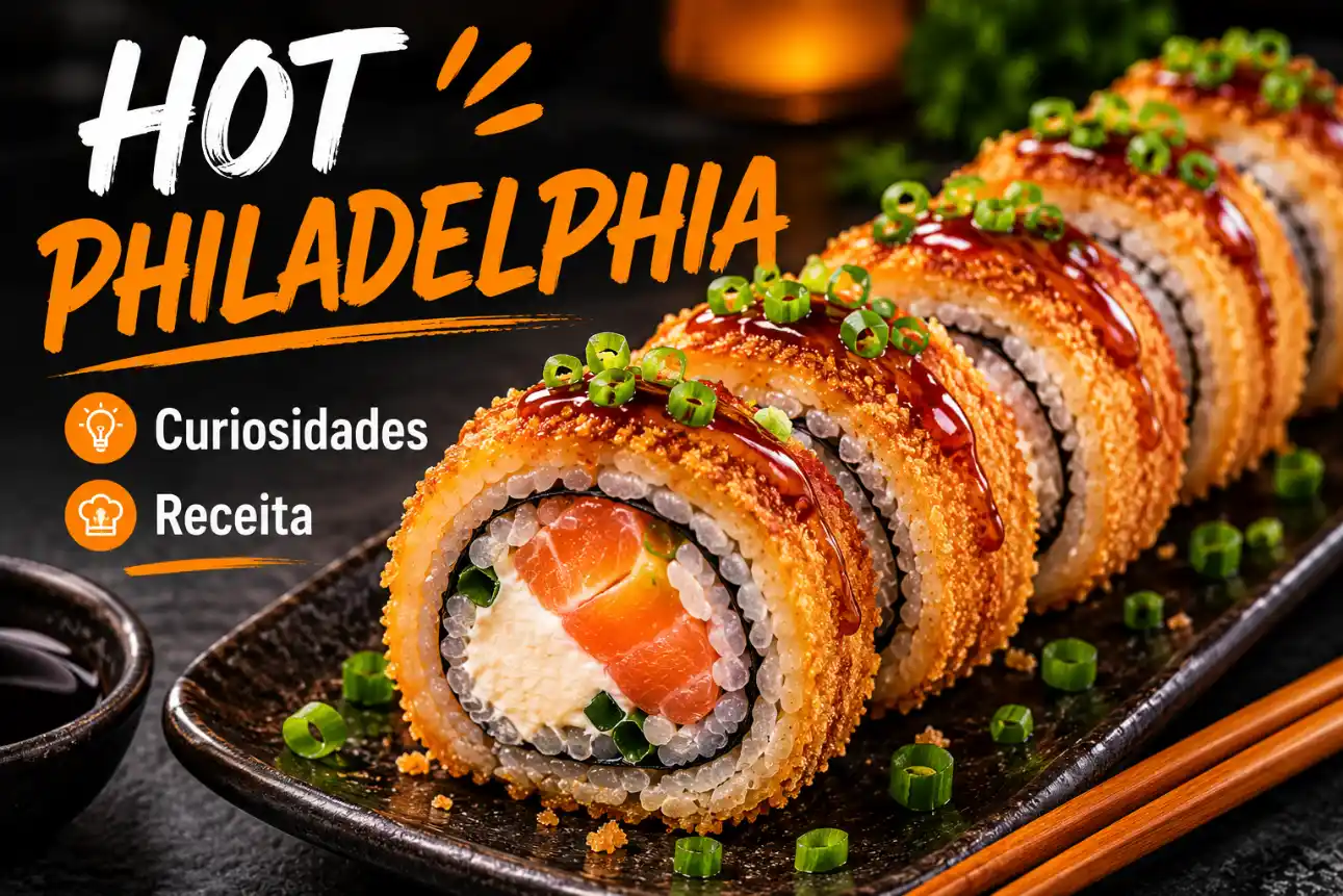 Cartaz culinário com destaque para o prato “Hot Phiiladelphia”: sushi uramaki com salmão e cream cheese, finalizado com cebolinha verde, gergelim e texto sobre curiosidades e receita.