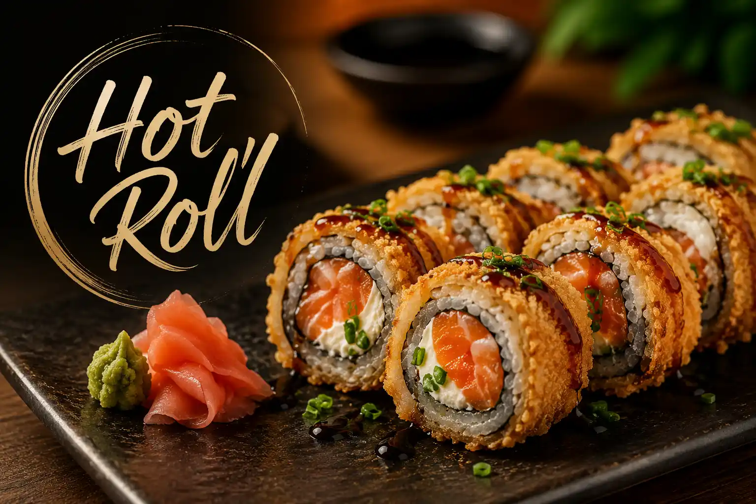Sushis estilo hot roll com cobertura crocante, recheio de salmão, cebolinha e gergelim sobre uma travessa de madeira, com texto “Hot Roll”.