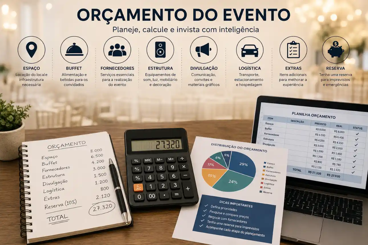 Infográfico “Orçamento do evento” com dicas e categorias de gastos como espaço, buffet, fornecedores, estrutura, divulgação, logística, extras e reserva, sobre mesa com planilha e calculadora.