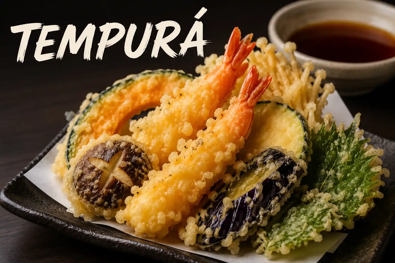 Temporá deliciosos pedaços de tempurá com camarões empanados e legumes fritos em placa de madeira, ao lado de molho escuro em tigela