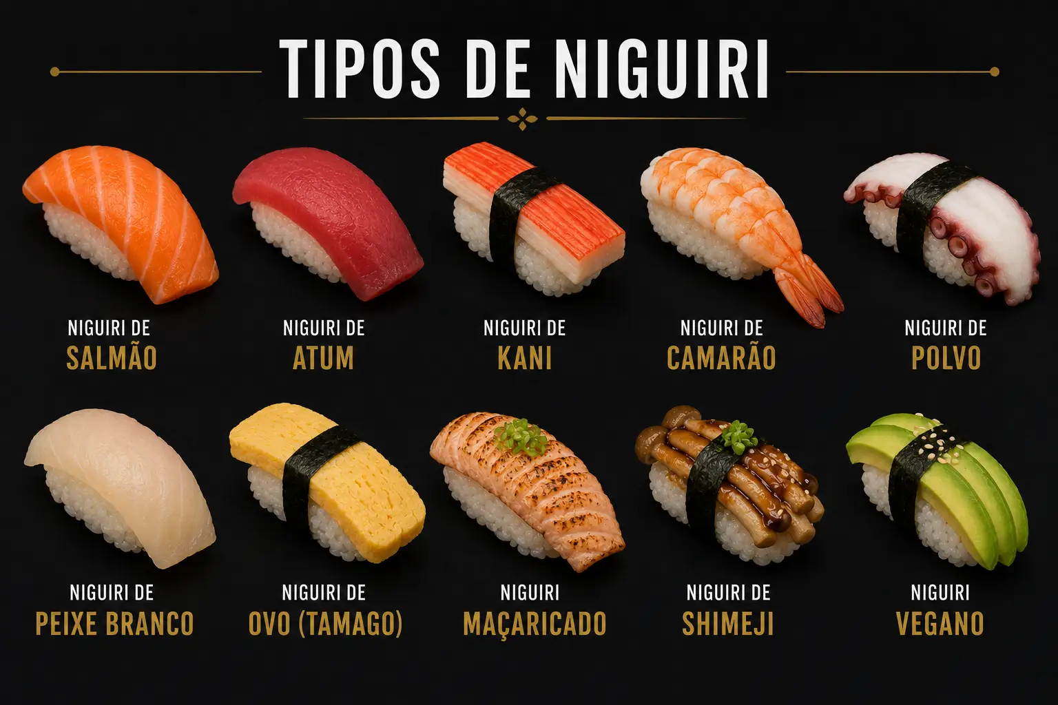 Imagem com os tipos de niguiri japoneses: salmão, atum, kani (caranguejo), camarão, polvo, peixe branco, ovo tamago, maçaricado, shimeji e vegano, com sushi em destaque sobre fundo escuro.