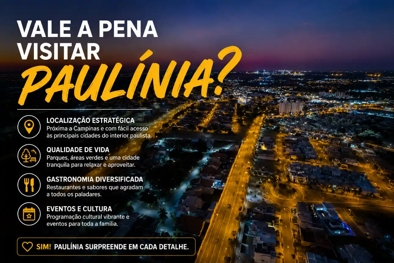 Arte de divulgação com vista aérea noturna de Paulínia ao fundo. Texto “Vale a pena visitar Paulínia?”, com destaques “Localização Estratégica”, “Qualidade de Vida”, “Gastronomia Diversificada” e “Eventos e Cultura”.