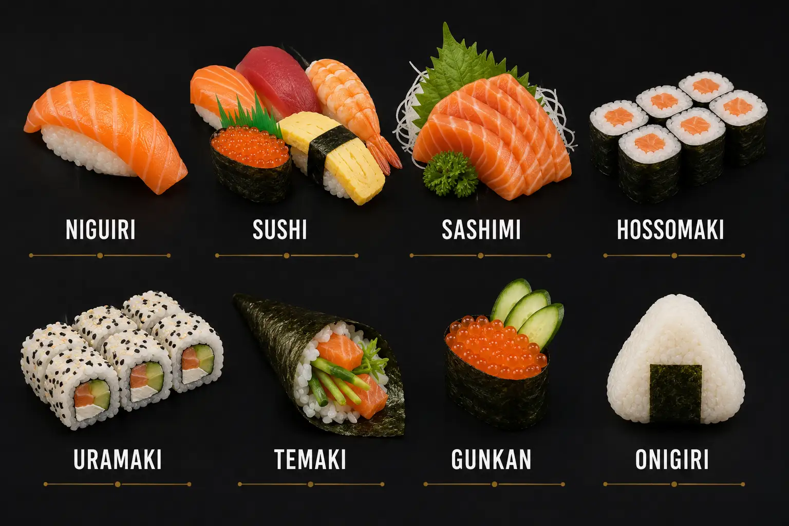 Mesa com variedades de sushi e culinária japonesa: nigiri, sushi, sashimi, hossomaki, uramaki, temaki, gunkan e onigiri, com peças de salmão e ingredientes em destaque.
